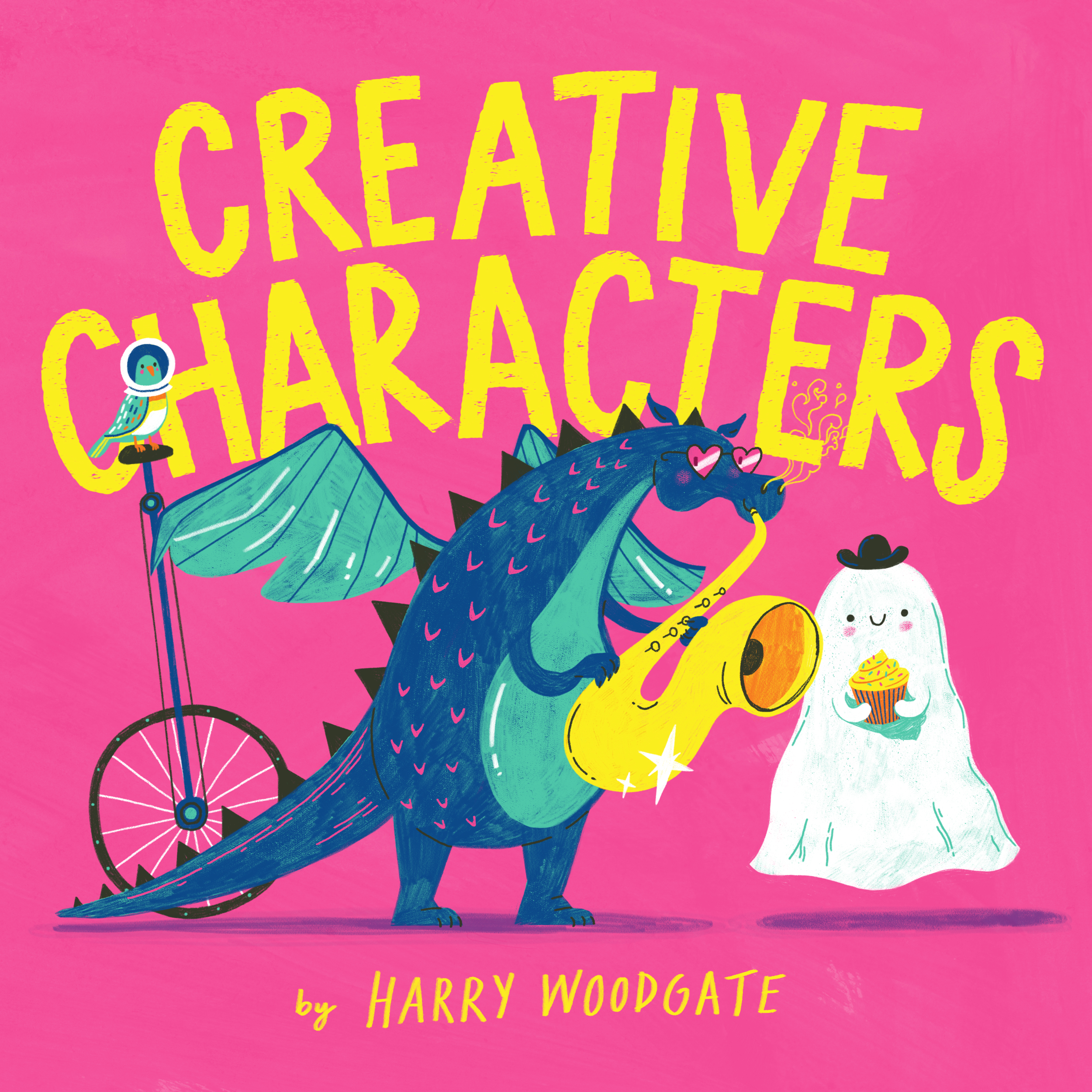 A blue dinosaur playing the sax, a ghost with a bowler hat with cupcake and a parrot wearing a astronaut helmet riding a unicycle. All standing in front of a pink background with gold words that read creative characters.