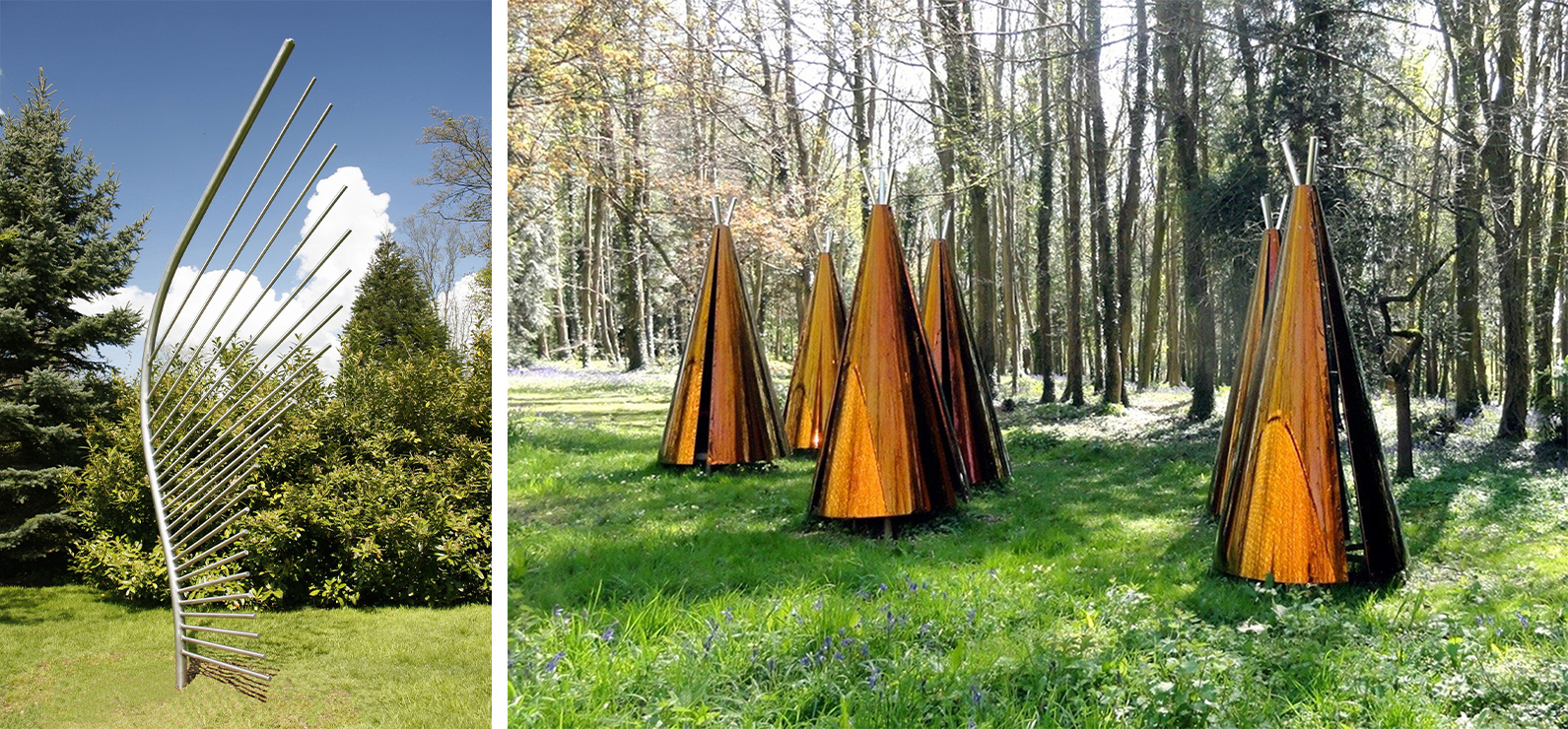 Left: Mountains sculpture, steel mirrored pointy shapes in the shape of a mountain. Right: copper coloured cones