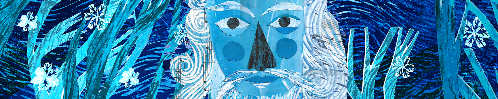Blue monochromatic illustration of a King's head with curly hair and beard, wearing a crown. Wave-like trees and snowflakes surround the portrait.