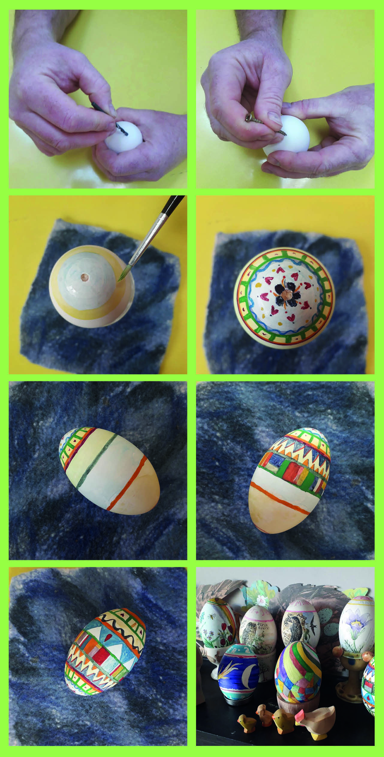 If you have decided to blow your egg, 1.Create a hole, top and bottom, of your egg to blow out the contents into a bowl. 2. Decorate the egg with patterns and stripes, decorate all around. 3. Wait for egg to dry and then display.
