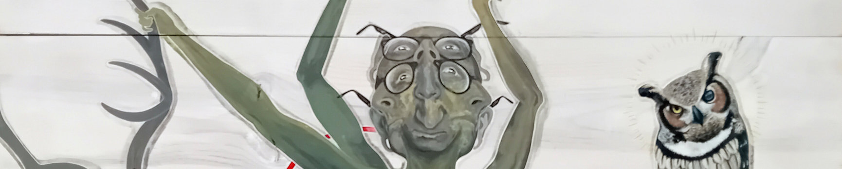 A painting depicting an owl and a man with multiple faces