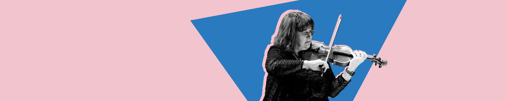 Black and white photograph of female violinist with short hair, fringe and glasses, wearing black and playing a violin against a blue graphic geometric shape and light pink background.