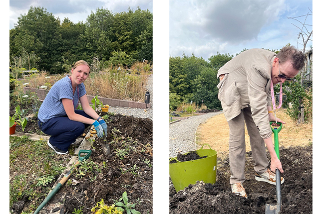Two photographs side by side of people gardening at the University allotments – the person on the left is crouched down in a bed wearing gloves and holding a gardening trowel, while the person on the right is digging soil with a shovel next to a green bucket of soil.