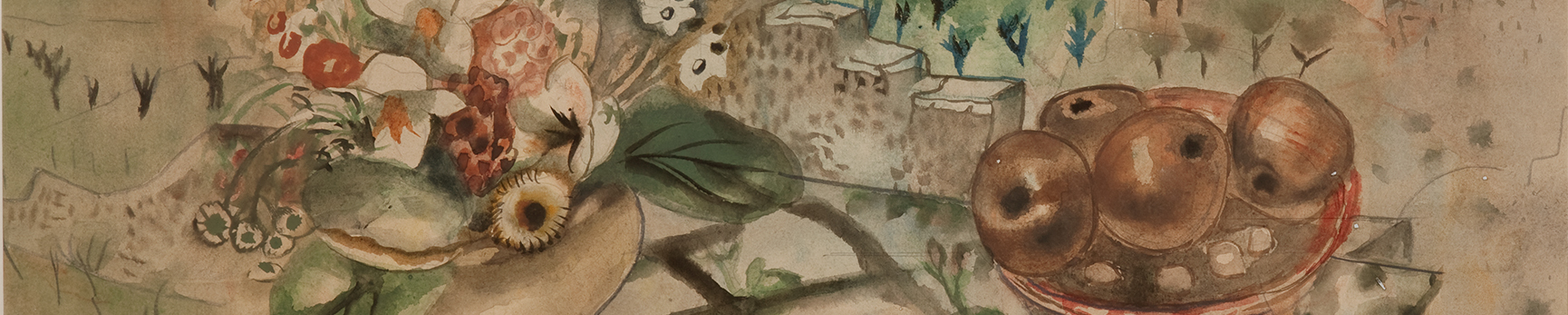 A goache, ink and charcoal drawing of a table in a courtyard. In the foreground with a vase of flowers on the left, a plate with two eggs in the centre and a bowl of apples on the right. In the middleground are trees and hills, and buildings and mountains in the background.